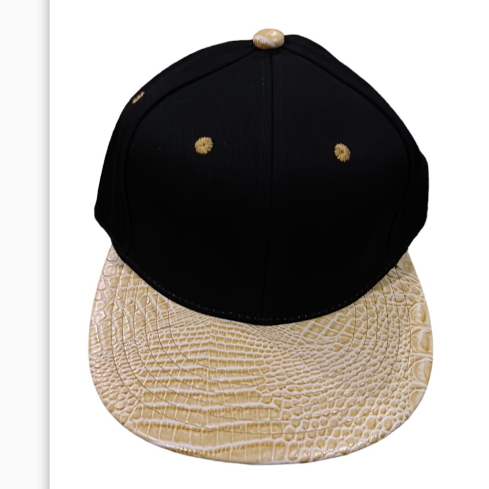 BLACK REPTILE HAT Adjustable Two-Tone Cap with Gator Print Bill - Black/Gold